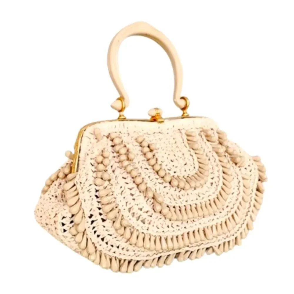 ♥️ Vintage 1960s Tan Straw Beaded Box Shaped Handbag Purse With Top Handle Italy